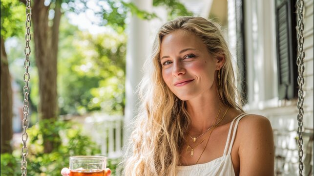 Slow living and southern charm A young blonde woman is enjoying a glass of sweet tea while relaxing on a porch swing in the summer sunlight representing relaxation hospitality and a slower pace.