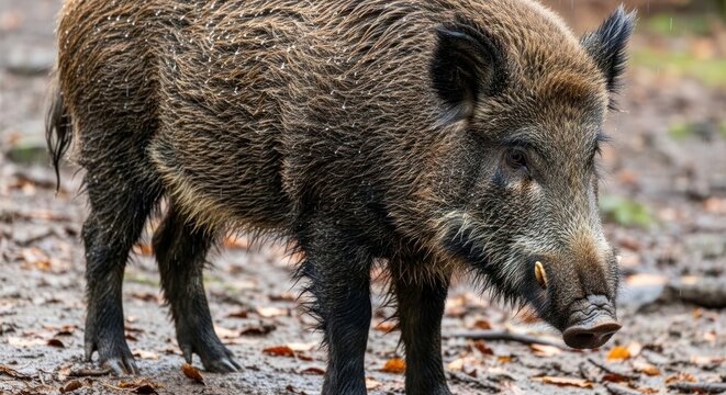 Wild boar close up portrait showing fur detail and tusks outdoors