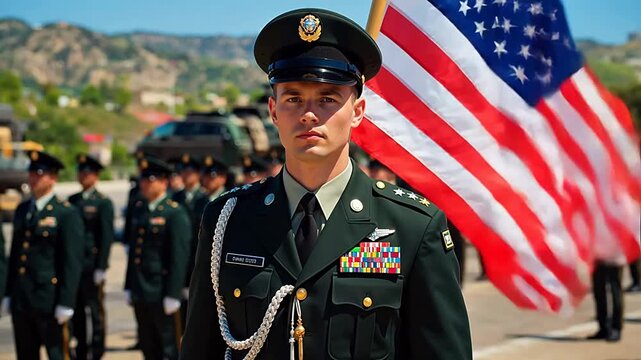 Military officer in uniform with flag