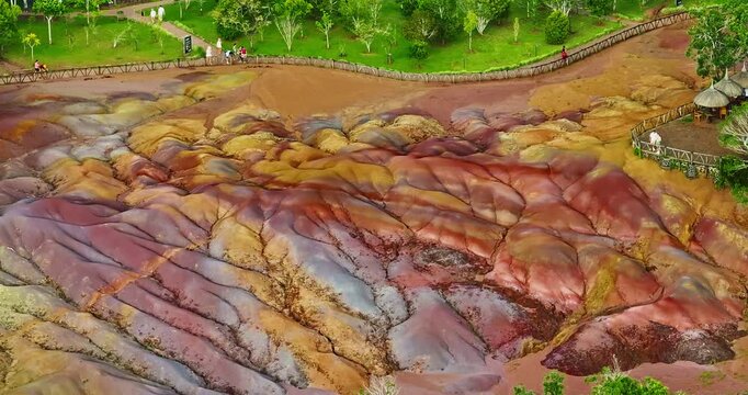 Aerial view of seven coloured earths on island Mauritius. Tourist attraction on island Mauritius