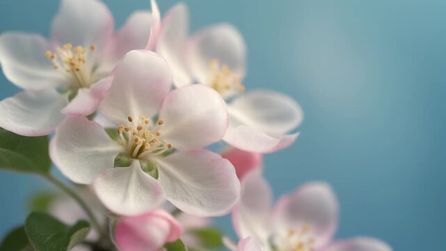 A macro photograph captures delicate pink apple blossoms against a blue background.