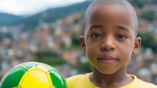 Mundial 2026: close-up de un ni&ntilde;o moreno sosteniendo una pelota de fooball con los colores de Brasil, detras de el se ve una favela