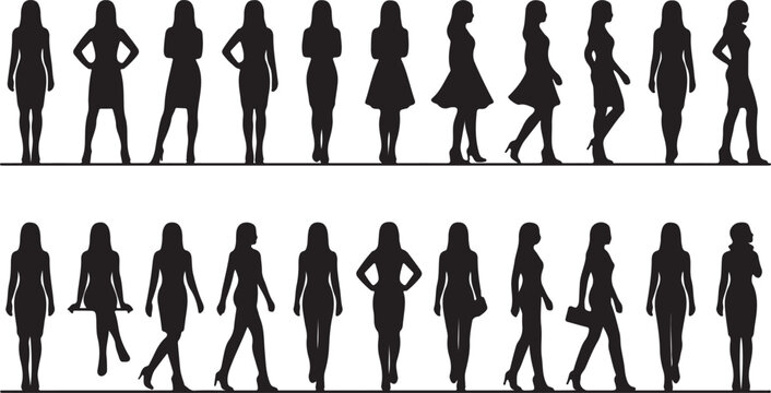 Large Collection of Women Silhouettes in Various Poses, Professional and Casual Outfits, Walking and Standing Female Figures.
