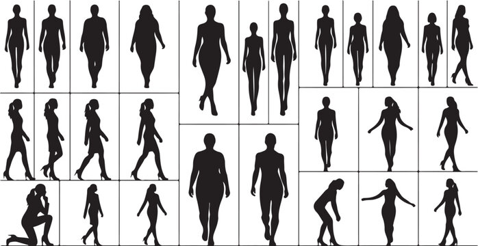 Collection of diverse female silhouettes in various walking and standing poses, featuring different body types, fashion models, and casual movements on white background