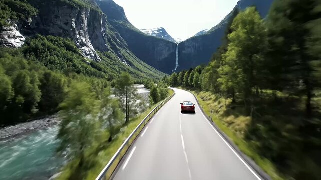 Red Car Drives Scenic Mountain Road Alongside River in Norway