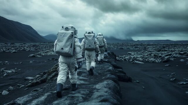 Three astronauts in futuristic spacesuits walk in a line along a rocky ridge across a desolate, volcanic alien landscape under a dark, moody sky during a space exploration mission.