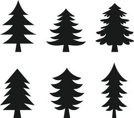 Fototapeta premium Set of six Christmas tree silhouette icons with different shapes and styles. Simple black tree silhouettes isolated on background, suitable for holiday and winter design projects.