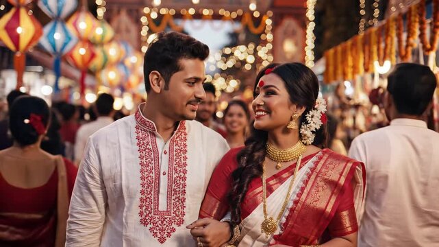 Bengali Couple Celebrating Pohela Boishakh at Festive Market Fair