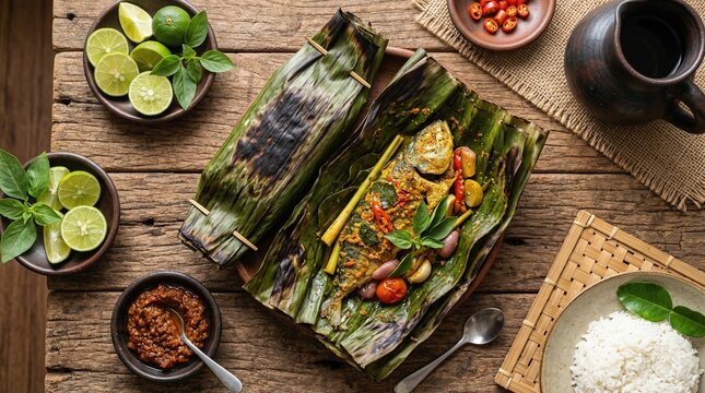 Banana leaf-wrapped pepes ikan (steamed spiced fish), aromatic spices peeking out, grilled edges, lime and sambal sides, top-view on rustic wood, warm studio lighting, high-detail textures