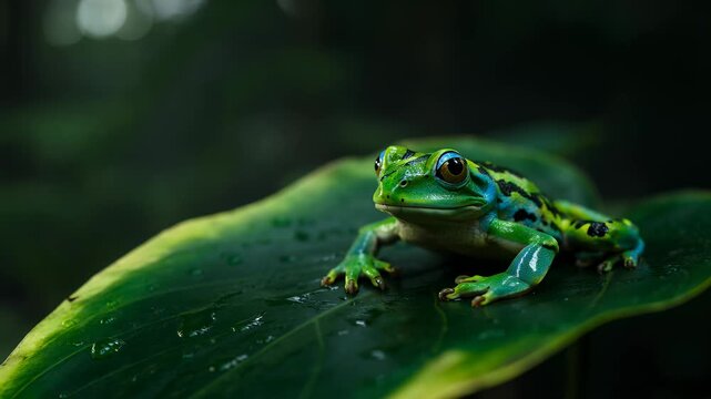 Vibrant tree frog with colorful markings perched on a large wet leaf in the deep tropical rainforest, macro shot of exotic amphibian in its natural jungle habitat.
