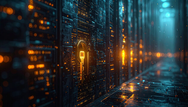 Glowing Digital Lock on Cyber Network &ndash; Data Security and Cyber Protection Concept