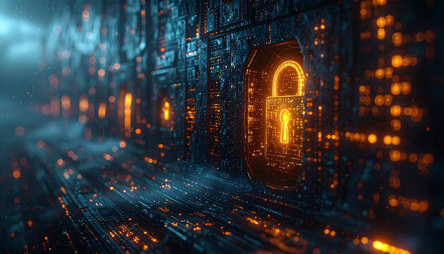 Glowing Digital Lock on Cyber Network &ndash; Data Security and Cyber Protection Concept