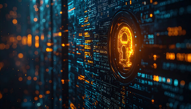 Glowing Digital Lock on Cyber Network &ndash; Data Security and Cyber Protection Concept