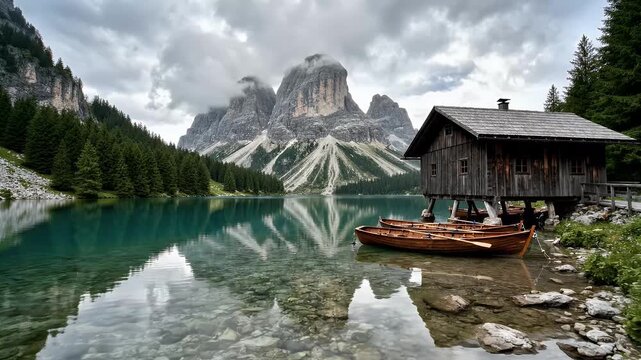 Serene Mountain Lake With Rustic Cabin and Boat Under Cloudy Sky
