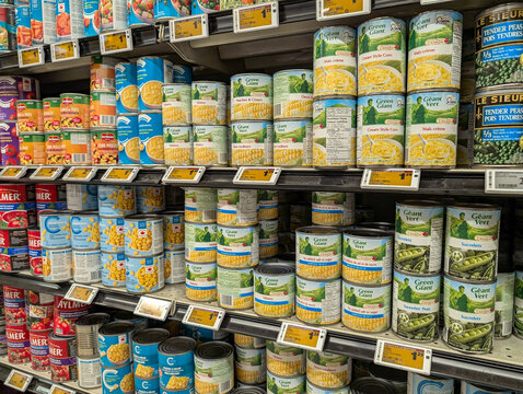 Canada, Montreal, 23 December 2025 : Canned vegetables displayed on supermarket shelf with pricing labels