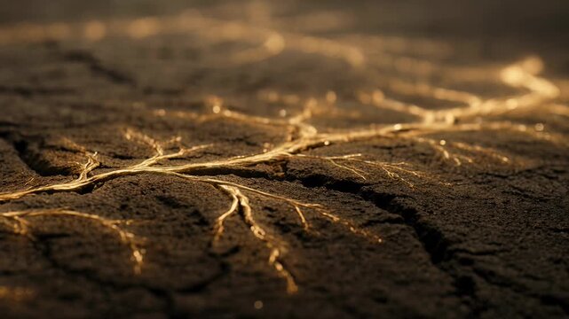 Macro view of glowing golden veins spreading and flowing through deep cracks in dark parched earth, representing energy and life restorative power in a mystical abstract landscape.