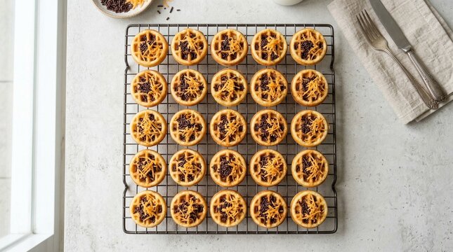 Mini kue cubit waffle bites topped with chocolate sprinkles and cheese shreds, golden crispy edges, arranged in grid on cooling rack, clean overhead composition, vibrant yet neutral tones
