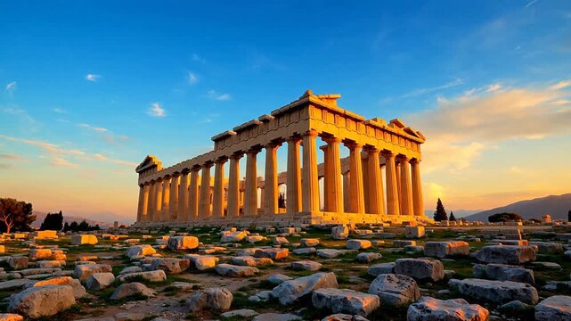 Ancient Greek temple ruins under blue sky