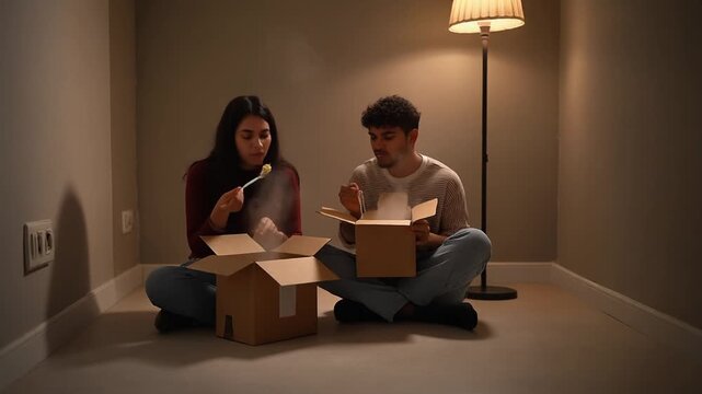 Shared Takeout. Situationship. Lifestyle / Home. A photorealistic eye-level shot of two people eating Chinese takeout from boxes while sitting on a bare floor in a mostly empty apartment
