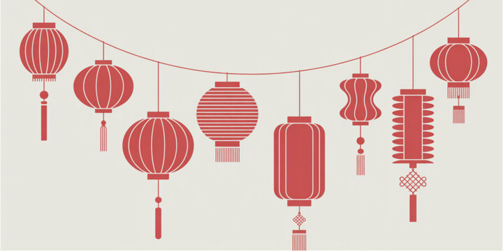 A collection of various traditional red chinese lanterns hanging from a decorative string line Vector
