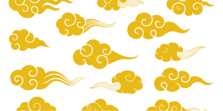 A collection of traditional golden chinese style clouds with swirling patterns and linear details Vector