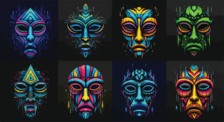 Futuristic tribal mask pack, 9 masks combining tribal motifs with glitch and cyber elements, neon colors, dark background, high contrast vector