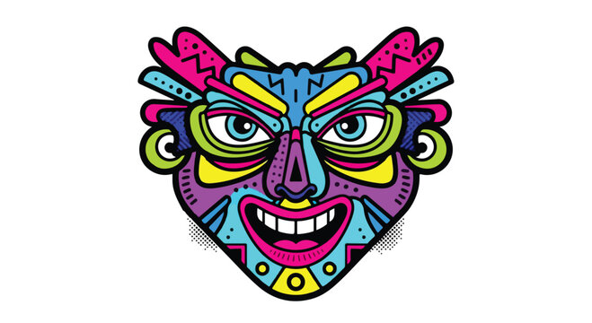 Gen Z tribal mask illustration, playful abstract mask with bright neon colors and funky shapes, exaggerated features, bold thick outlines, trendy youth aesthetic, flat vector style
