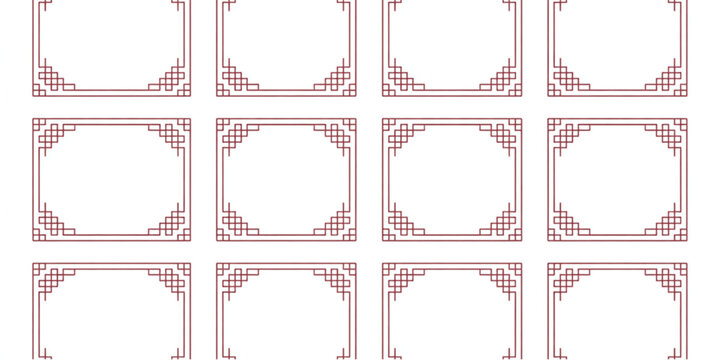 A grid of twelve rectangular frames with traditional chinese geometric corner pattern designs Vector