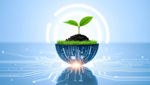 Circuit half-sphere with sprouting green plant