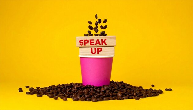 Pink coffee cup with beans and speak