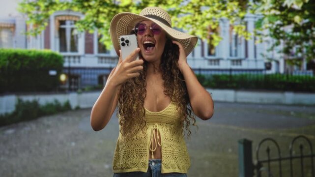 Hispanic teenage woman wearing sunhat and sunglasses holds smartphone, laughs with mouth open and covers face with hand in street; joy connection.