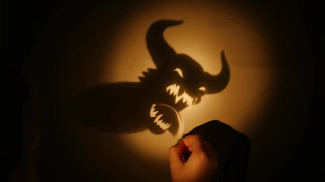 Hand manipulating a horned silhouette to create a terrifying monster shadow puppet with sharp teeth and glowing eyes in a spotlight on a dark wall, depicting fear and imagination.