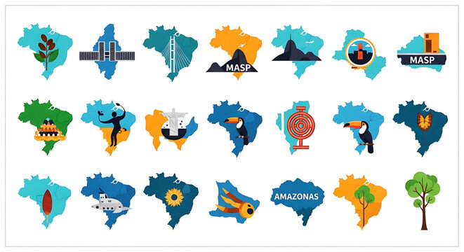 A colorful vector graphic illustration of Brazil featuring various icons and symbols representing different regions and landmarks.
