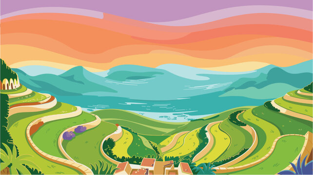 Panoramic cartoon illustration of lush green rice terraces under a col