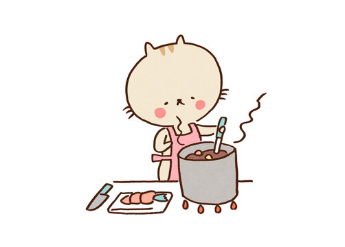 Cute cat simpering a delicious vegetable soup in the kitchen, healthy eating concept