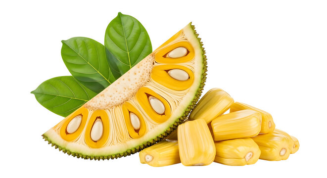 A sliced jackfruit with leaves and chunks on transparent background