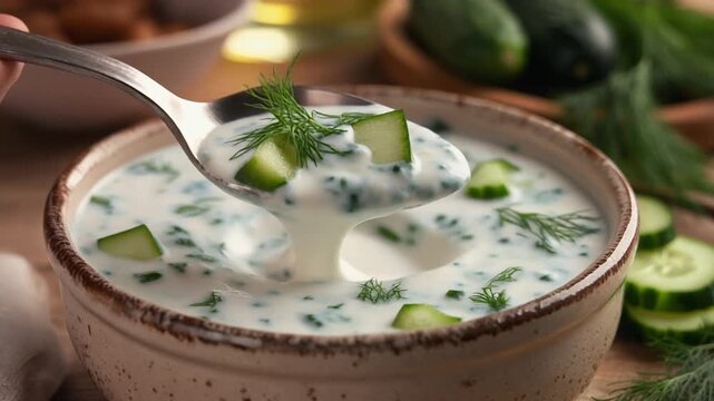 Tzatziki soup in a bowl with spoon.
