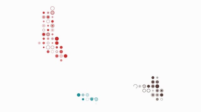 Comoros map animation. Shape of the country with pulsating colored dots. Large size circle blocks. Digital style Comoros map on white background. Creative video.