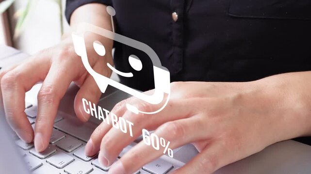 Close-up of a professional woman's hands using a computer with a fill animation of a chatbot icon and percentage counter.