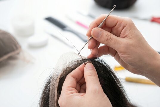 Wig maker hands using a ventilating hook needle to knot individual dark hair strands into a lace cap