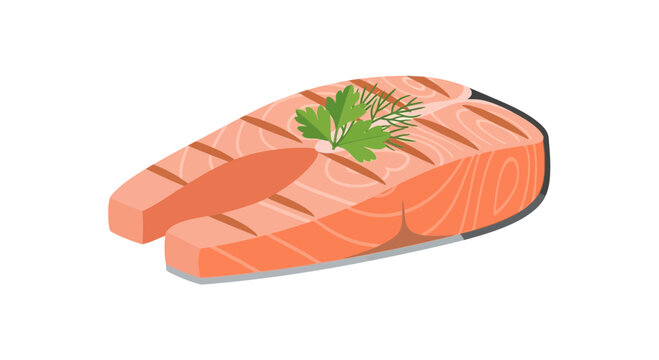 Tasty and healthy grilled salmon steak adorned with a sprig of fresh dill, perfect for culinary designs, menus, or food-related graphics and web elements