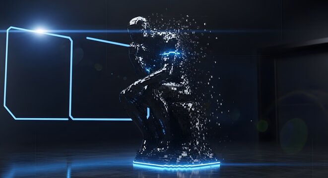 The Thinker Digital Art Sculpture featuring shimmering particles and blue light accents in a deep philosophical meditation pose