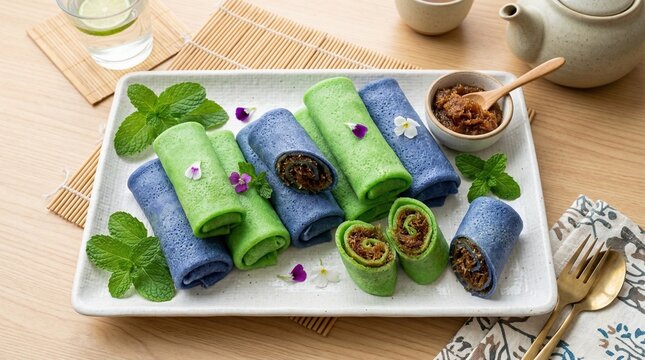 Colorful dadar gulung crepes filled with coconut jam, rolled neatly, sliced to reveal sweet filling, fresh mint leaves, arranged on white tray, bright even lighting, Indonesian sweet flat lay