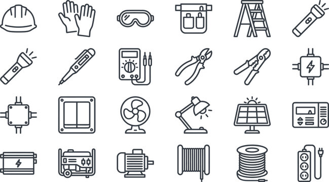 Collection of essential electrical tools and safety equipment icons representing power and maintenance work.