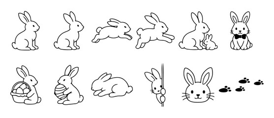 Obraz premium Cute Bunny Outline Set, Easter Rabbit Line Art Icons Collection, Cartoon Bunny Poses and Spring Clipart Vector