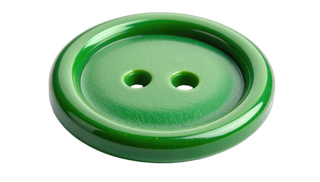 A glossy green button with two holes sits isolated on a black background.