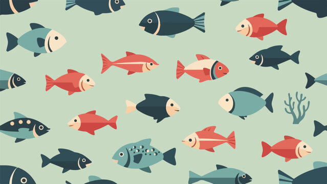 A pattern of colorful cartoon fish swimming across a subtle green surface