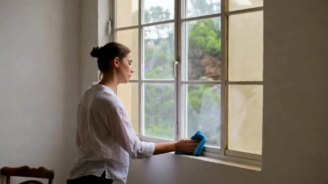 mujer limpiando una ventana en la casa