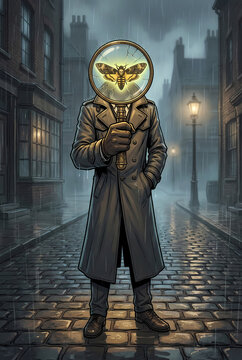 Surreal Detective with Skull Moth in Magnifying Glass &mdash; Dark Mystery Noir Street Illustration in Rainy Night