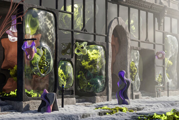 Obraz premium Abstract architectural structure displaying organic forms and vibrant green biological elements in a conceptual environment